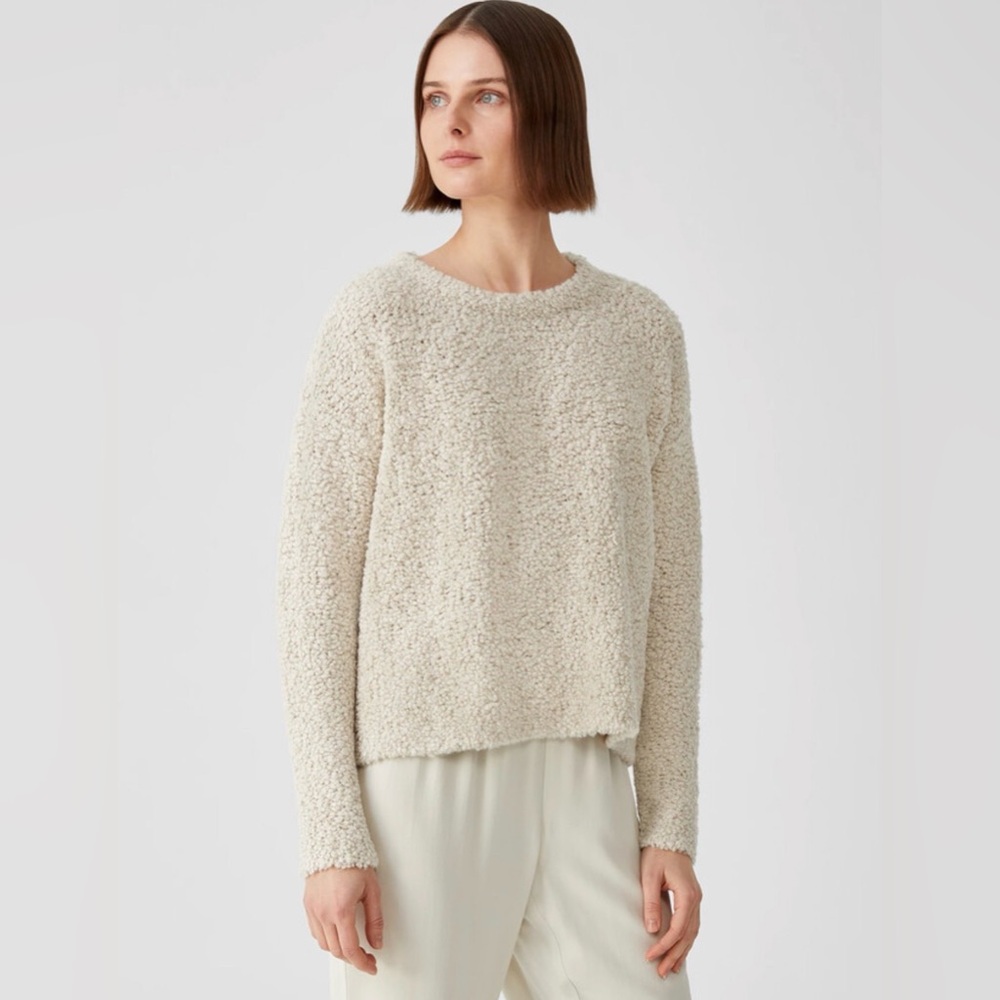 Eileen Fisher Wool Blend Knit Fur Box Top Sweater Sherpa Crewneck Size Small
